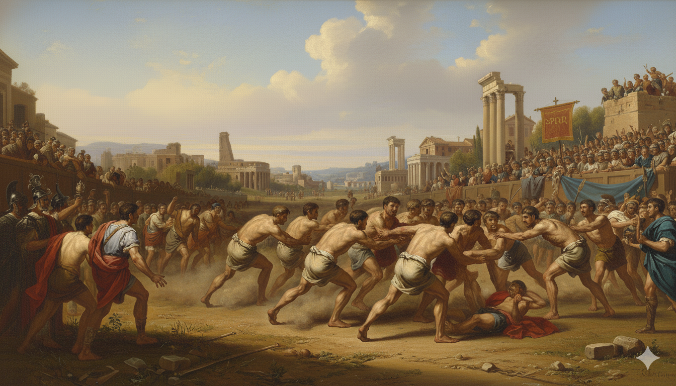 Gravura de uma partida de futebol medieval em uma praça pública